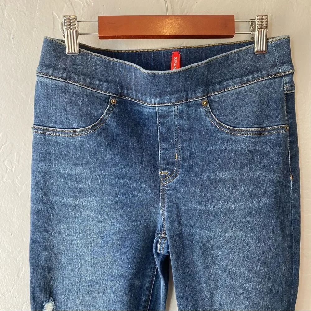 SPANX Petite Distressed Released Raw Hem Skinny Jeans in Medium Wash